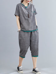 Women Casual Short Sleeve Harem Pants Striped Suit