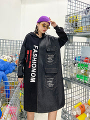 Split-Joint Denim Hooded Midi Dress