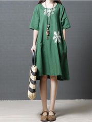 3 Colors Comfortable Round-neck Ramie Cotton Short Dress
