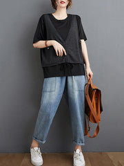 False Two Striped Split-Joint Drawstring T-Shirts