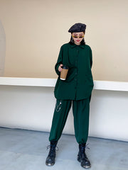 Two Pieces Loose Solid Blouse And Straight Leg Pants