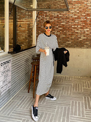 Waist In Slim Short Sleeve Striped Casual Dress