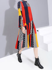 Women Retro Stitching Floral Stand Collar Dress