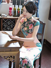 Pink Peony-print Split-side Long Cheongsam