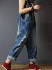 Denim Floral Print Long Jeans Jumpsuit