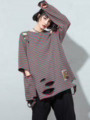 Long Sleeve Striped Ripped T-Shirt