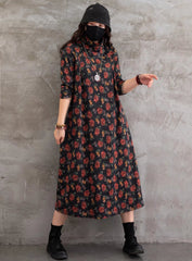 Vintage Floral Printed Stand Collar Midi Dress
