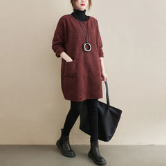 Round Neck Solid Color Stitching Knitted Cotton Midi Dress