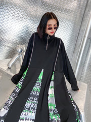 Round-Neck Split-Joint Zipper Midi Dress