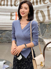 Solid Cross V-Neck Cropped Knitting Sweater