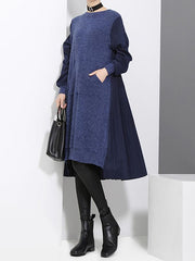 Stitched Pleated Round Neck Kniting Dress