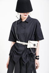 Lapel Double-Breasted Hem Drawstring Short-Sleeved Blouses Shirt Top