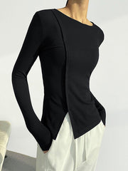 Skinny Solid Color Split-Joint Split-Side Round-Neck T-Shirts