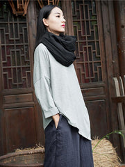 White&Gray Cropped Round-neck Ramie Cotton T-shirt