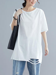 Loose Solid Hole Round Neck T-Shirt