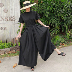 Women Solid Color Round Neck Short-Sleeved Loose Casual Jumpsuit