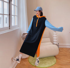 Loose Plus Size Contrast Color Hooded Midi Dress