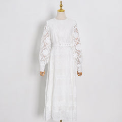 Women Round Neck Lantern Sleeve Hollow Dress