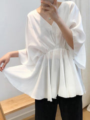 Loose Solid V-Neck Bat Sleeves Chiffon Shirt