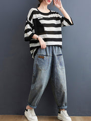 Women Round Neck Pocket Striped Short Sleeve T-Shirt