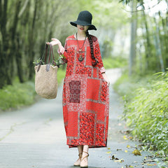 Retro Round Neck Plaid Print Midi Dress