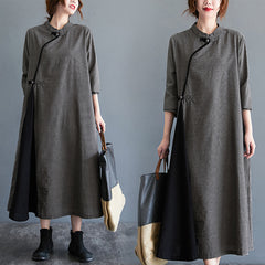 Loose Solid Color Half-Sleeve Cheongsam Midi Dress