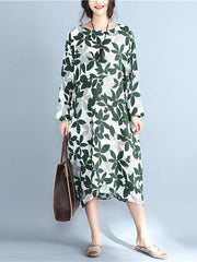 Leaves Print Ramie Cotton Long Dress