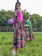 Retro Ethnic Round-Neck Long Sleeve Maxi Dress