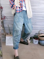 Loose Split-Joint Letter Embroidered Jean Pants