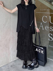 H-Line Roomy Elasticity Pleated Pure Color Tasseled Skirts