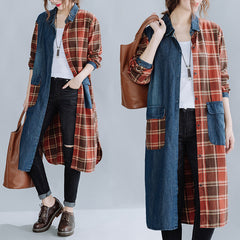 Literary Denim Plaid Stitching Mid-Length Shirt