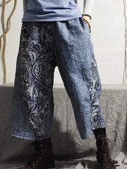 Denim Stitching Print Wide Leg Pants