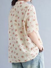 Floral Print Stand Collar Casual T-Shirt