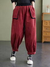 Retro Solid Color Corduroy Pants With Big Pocket