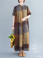 Vintage Stand Collar Loose Plaid Shirt Dress