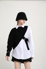 Women Lapel Color Block Shirt Two-Piece Blouse