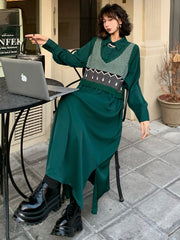 Urban Knitting Vest Split-Joint False Two Midi Dress