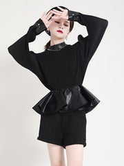 Pleated Stitching Leather Ruffled Sweatshirt
