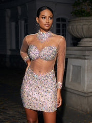 Azami Mesh Crystal Mini Dress In Silver
