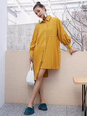 Loose Ruffled Solid Asymmetric Shirt Dress