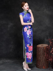Elegant Blue Peony Print Short Cheongsam Dress