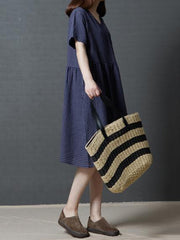 Plaid Loose Ramie Cotton Linen Long Dress