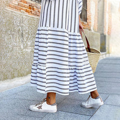 Printed Striped Loose Casual Long Sleeve Midi Dress
