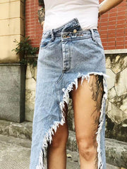 Original Irregularity Fringed Split-Front Denim Skirt