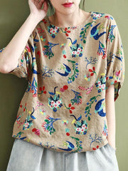 Vintage Flower Print Round Neck T-Shirt