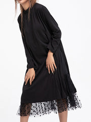 Long Sleeves Roomy Gauze Pure Color Round-Neck Midi Dresses