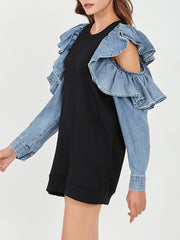 Casual Round Neck Denim Stitching Strapless Sweatshirt