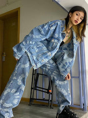 Women Printed Denim Jacket Loose Wide Leg Pants Set