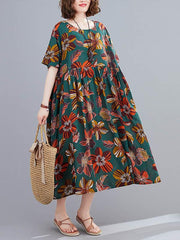 Vintage Floral Round-Neck Short Sleeve Dress