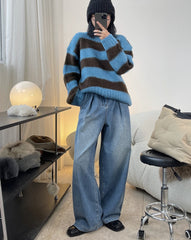 Straight Tube Pleated Retro Casual Denim Pants